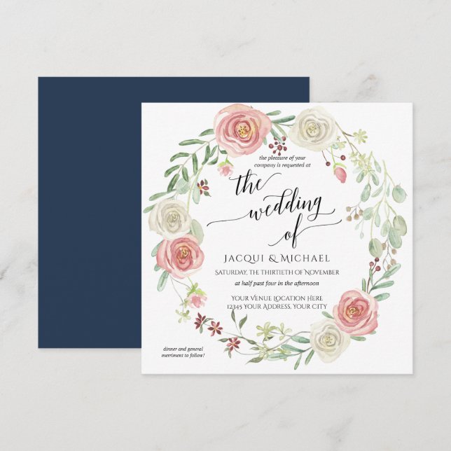 Navy Blush Ivory Rose Foliage Wedding Watercolor Invitation (Front/Back)