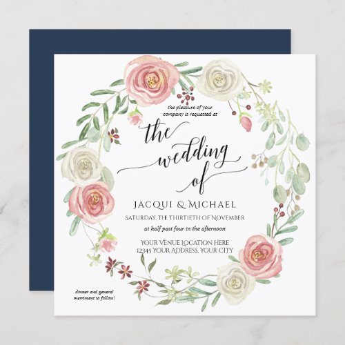 Navy Blush Ivory Rose Foliage Wedding Watercolor Invitation
