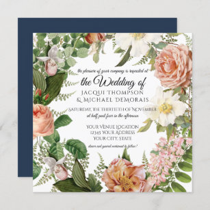 Navy Blush Ivory Vintage Botanical Floral Wedding Invitation