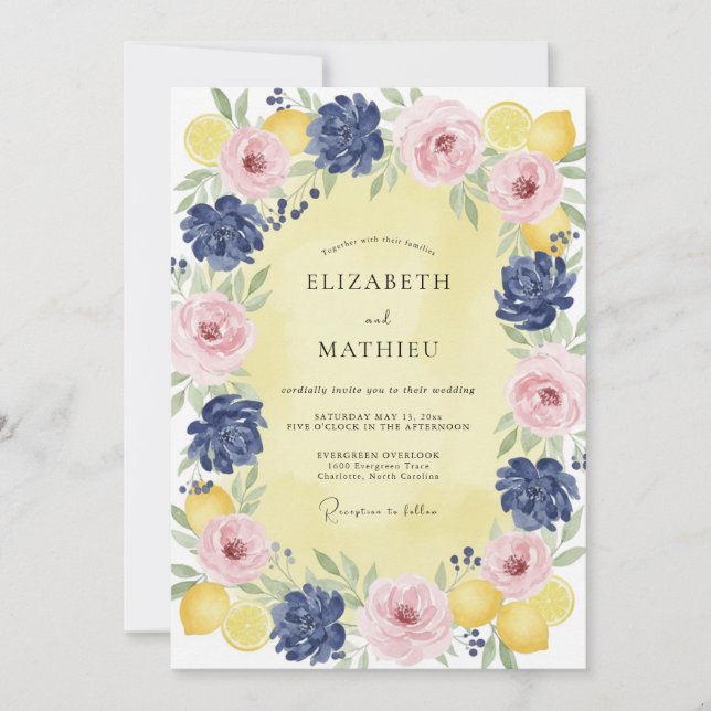 Navy Blush Lemon Wreath Wedding Invitation (Front)