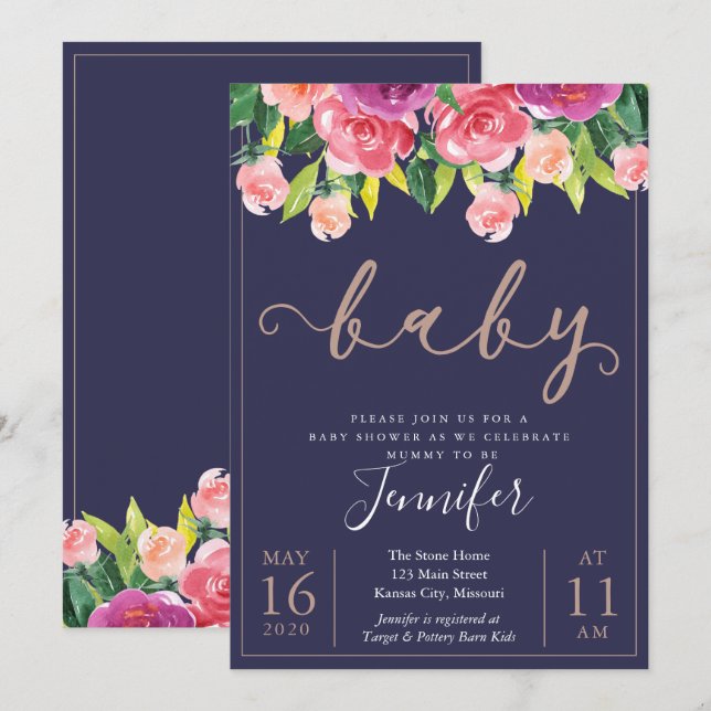 Navy Blush Magenta Floral Baby Shower Invitation (Front/Back)