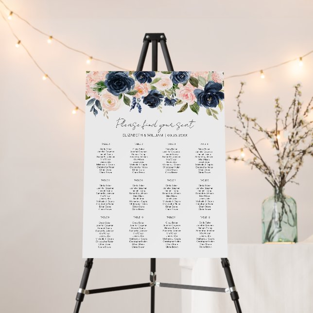 Navy & Blush Magnolia Floral Welcome Seating Chart Foam Board (In Situ (Stand))