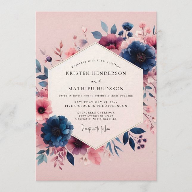 Navy Blush Moody Bloom Wedding Invitation (Front)