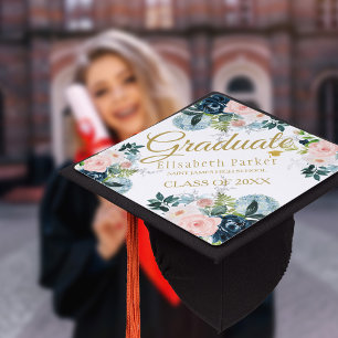Navy blush peonies elegant summer graduation cap topper