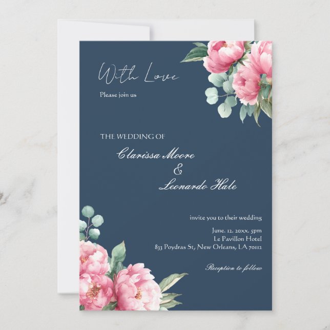 Navy Blush Peony Eucalyptus Wedding Invitation (Front)