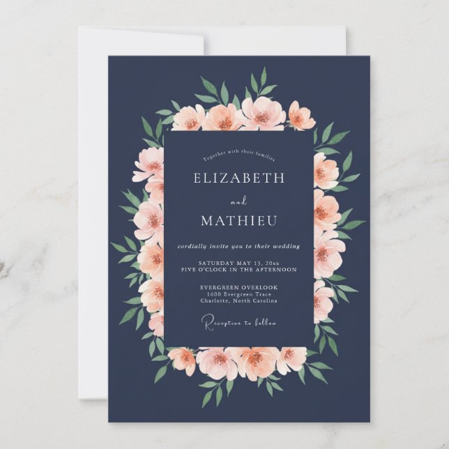 Navy Blush Peony Romance Wedding Invitation (Front)