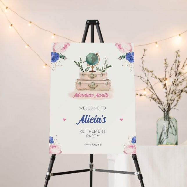 Navy Blush Pink Adventure Awaits Retirement Party Foam Board (In Situ (Stand))