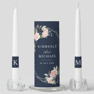 navy blush pink and silver floral wedding unity candle set