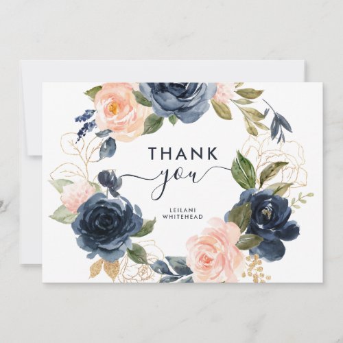 Navy Blush Pink Baby Shower Floral Wreath Thank You Card