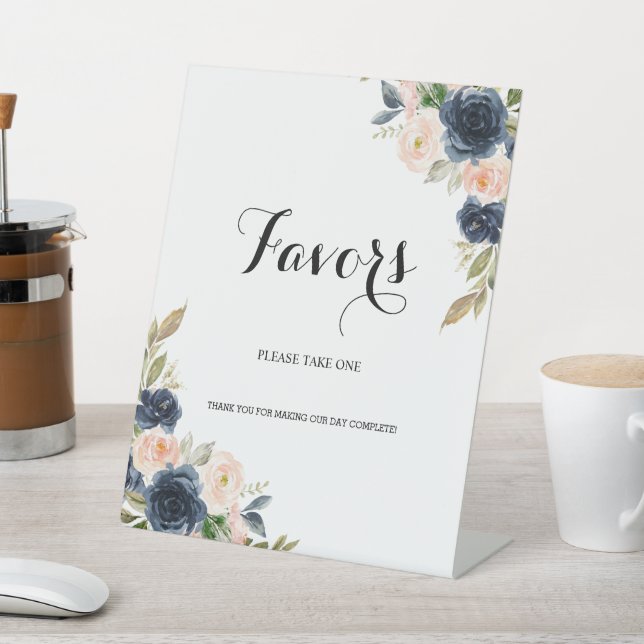Navy Blush Pink Blossom Floral Favor Pedestal Sign (In SItu)
