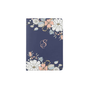 Navy Blush Pink Blue Floral Monogram Passport Holder