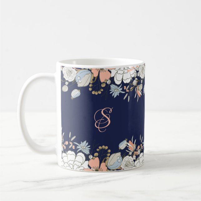 Navy Blush Pink Blue Floral Monogram Personalized Coffee Mug (Left)