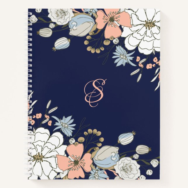 Navy Blush Pink Blue Floral Monogram Personalized Notebook (Front)
