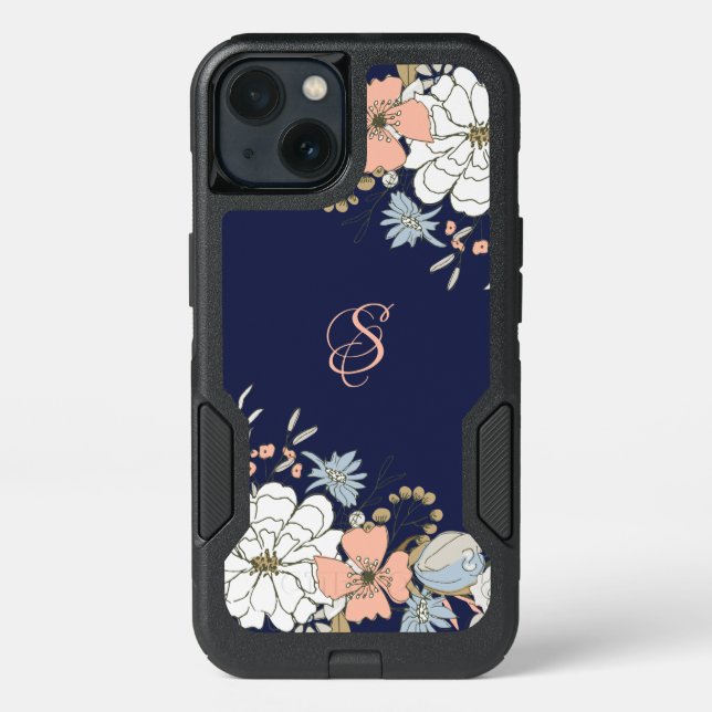 Navy Blush Pink Blue Floral Monogram Personalized Otterbox iPhone Case (Back)