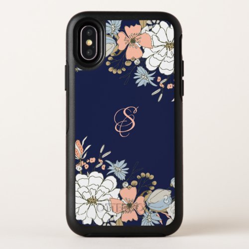 Navy Blush Pink Blue Floral Monogram Personalized OtterBox Symmetry iPhone X Case