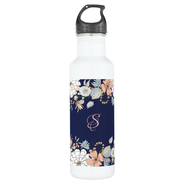 Navy Blush Pink Blue Floral Monogram Personalized Stainless Steel Water Bottle (Front)