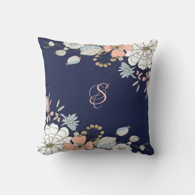 Navy Blush Pink Blue Floral Monogram Personalized Throw Pillow (Front)