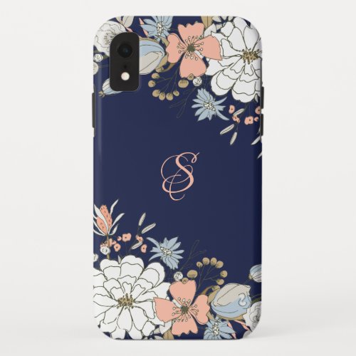 Navy Blush Pink Blue Floral Personalized iPhone XR Case