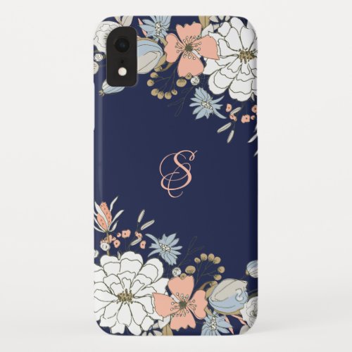 Navy Blush Pink Blue Floral Personalized iPhone XR Case