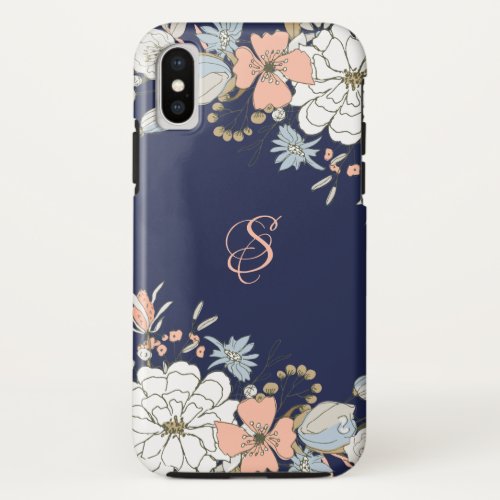 Navy Blush Pink Blue Floral Personalized iPhone XS Case