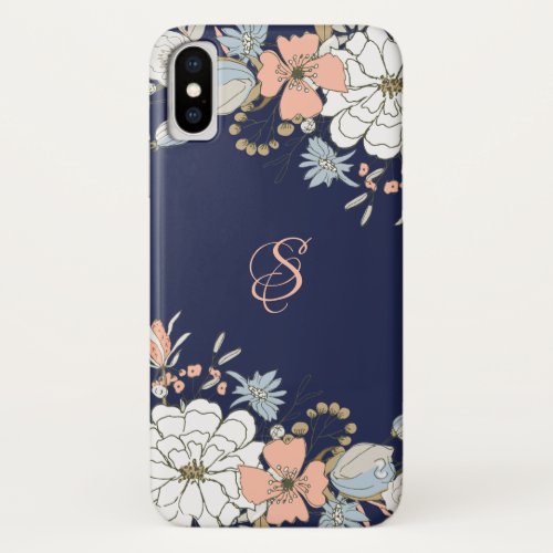 Navy Blush Pink Blue Floral Personalized iPhone XS Case