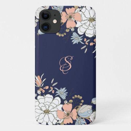 Navy Blush Pink Blue Floral Personalized iPhone 11 Case