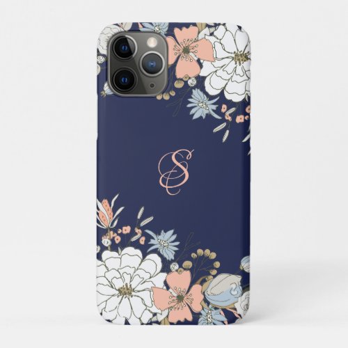 Navy Blush Pink Blue Floral Personalized Monogram iPhone 11 Pro Case