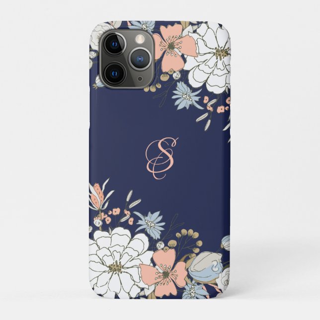 Navy Blush Pink Blue Floral Personalized Monogram Case-Mate iPhone Case (Back)
