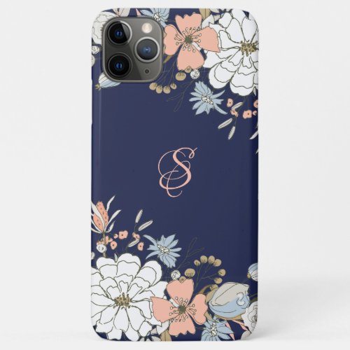 Navy Blush Pink Blue Floral Personalized Monogram iPhone 11 Pro Max Case