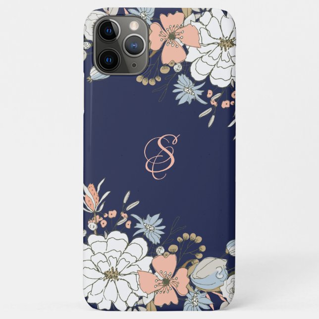 Navy Blush Pink Blue Floral Personalized Monogram Case-Mate iPhone Case (Back)