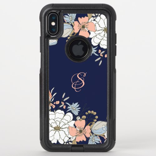 Navy Blush Pink Blue Floral Personalized OtterBox Commuter iPhone XS Max Case