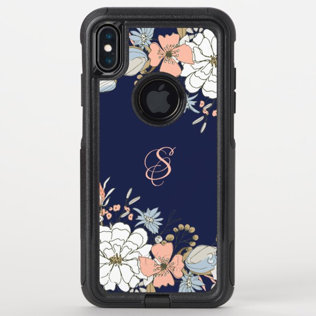 Navy Blush Pink Blue Floral Personalized Otterbox iPhone Case (Back)