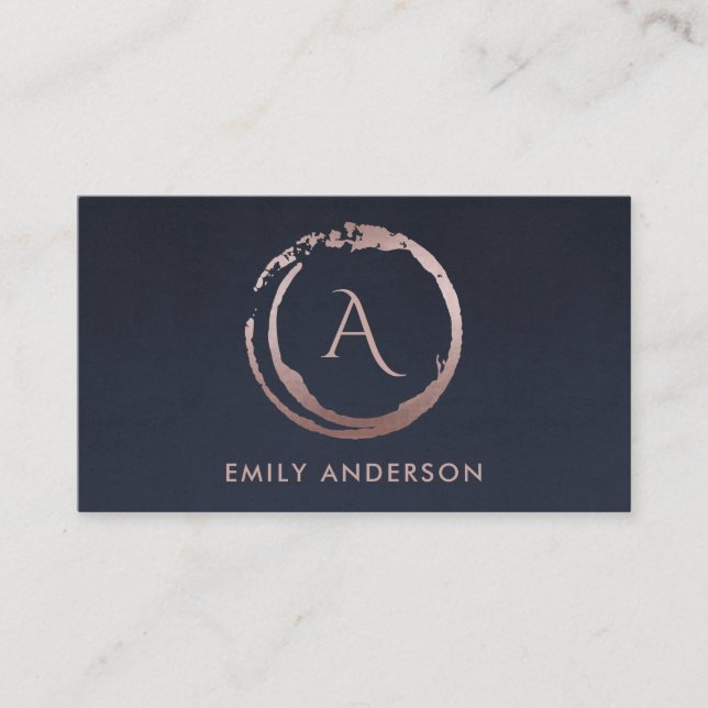 NAVY BLUSH PINK BRUSH STROKE CIRCLE LOGO MONOGRAM BUSINESS CARD (Front)