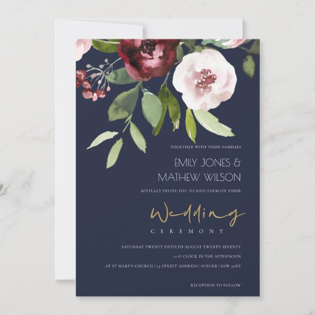 NAVY BLUSH PINK BURGUNDY PEONY FLORAL WEDDING INVITATION (Front)