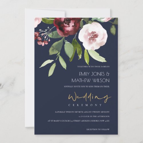 NAVY BLUSH PINK BURGUNDY PEONY FLORAL WEDDING INVITATION