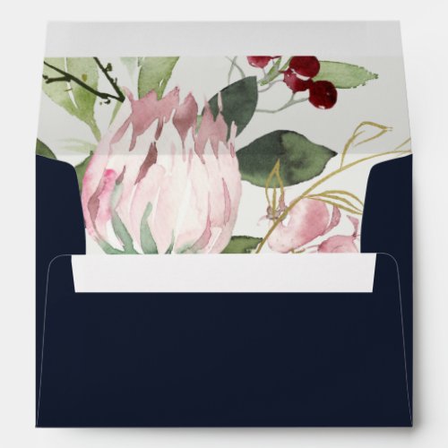 NAVY BLUSH PINK BURGUNDY PROTEA FLORAL ADDRESS ENVELOPE