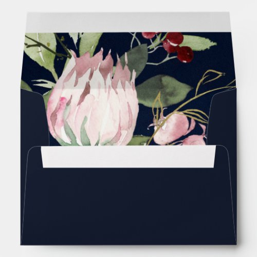 NAVY BLUSH PINK BURGUNDY PROTEA FLORAL ADDRESS ENVELOPE