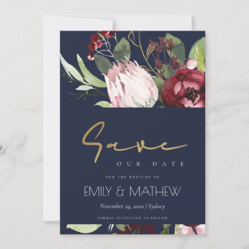 NAVY BLUSH PINK BURGUNDY PROTEA FLORAL WATERCOLOR SAVE THE DATE