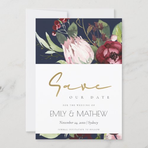 NAVY BLUSH PINK BURGUNDY PROTEA FLORAL WATERCOLOR SAVE THE DATE