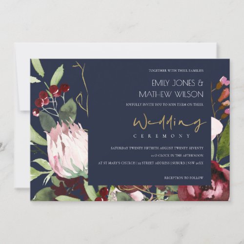 NAVY BLUSH PINK BURGUNDY PROTEA FLORAL WEDDING INVITATION