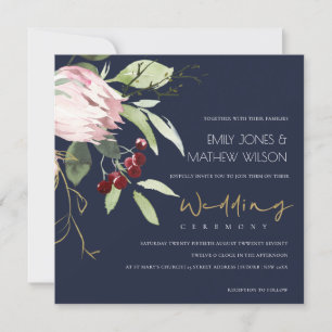 NAVY BLUSH PINK BURGUNDY PROTEA FLORAL WEDDING INVITATION
