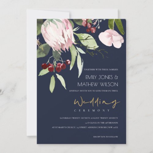 NAVY BLUSH PINK BURGUNDY PROTEA FLORAL WEDDING INVITATION