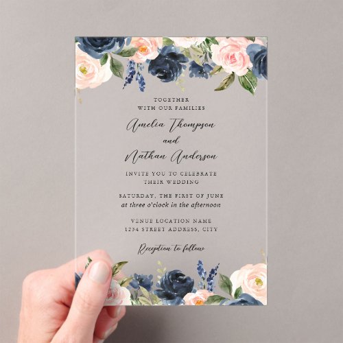 Navy Blush Pink Elegant Botanical Floral Wedding Acrylic Invitations