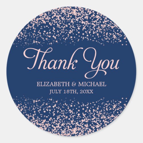 Navy Blush Pink Faux Glitter Wedding Thank You Classic Round Sticker