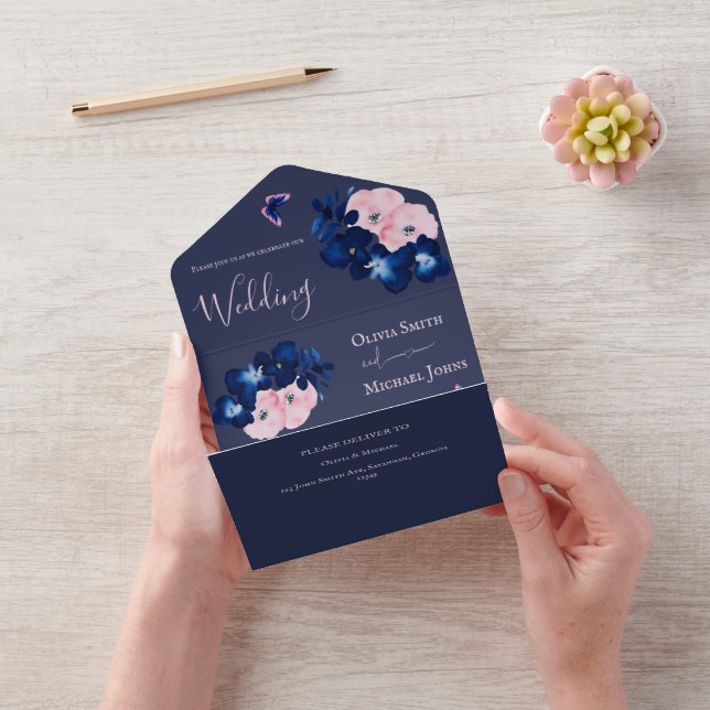Navy blush pink Floral All in One Wedding Invite (Video)