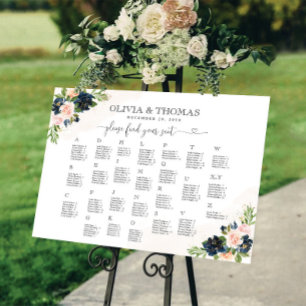 Navy & Blush Pink Floral Alphabet Seating Chart Foam Board