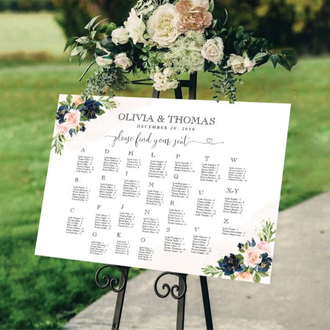 Navy & Blush Pink Floral Alphabet Seating Chart Foam Board (Creator Uploaded)