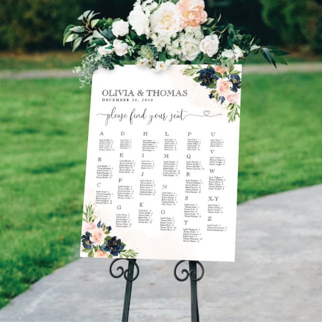 Navy & Blush Pink Floral Alphabet Seating Chart Foam Board (Creator Uploaded)