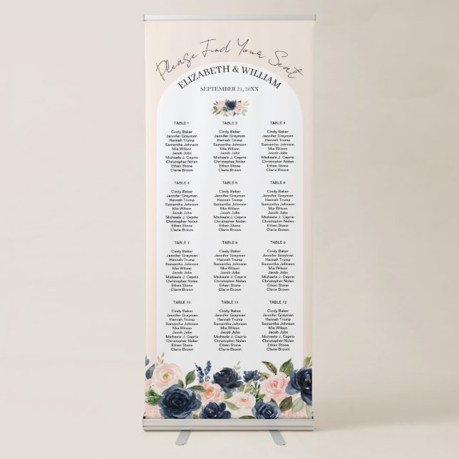 Navy Blush Pink Floral Arch Frame Seating Chart Retractable Banner (Front)