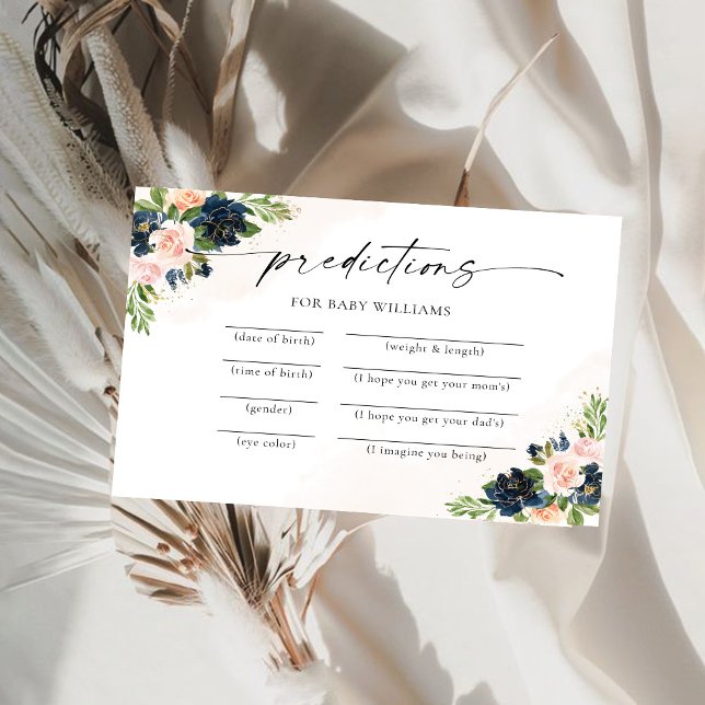 Navy & Blush Pink Floral Baby Predictions Card (Creator Uploaded)